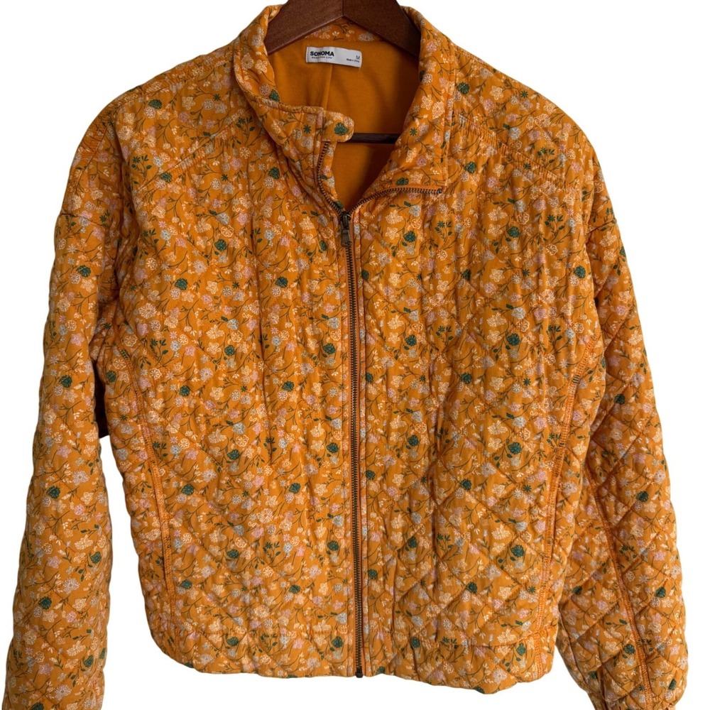 Mustard Yellow Floral Quilted Zip Up Jacket Medium Boho Granola CottageCore